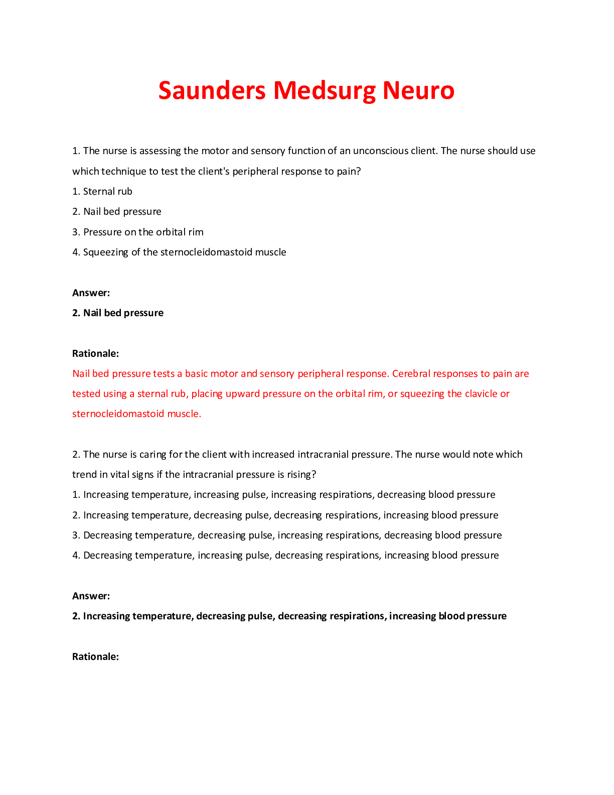Preview of NURS 618 Saunders Medsurg Neuro Revised, 2021 Update Study Guide, Correctly Answered Quest